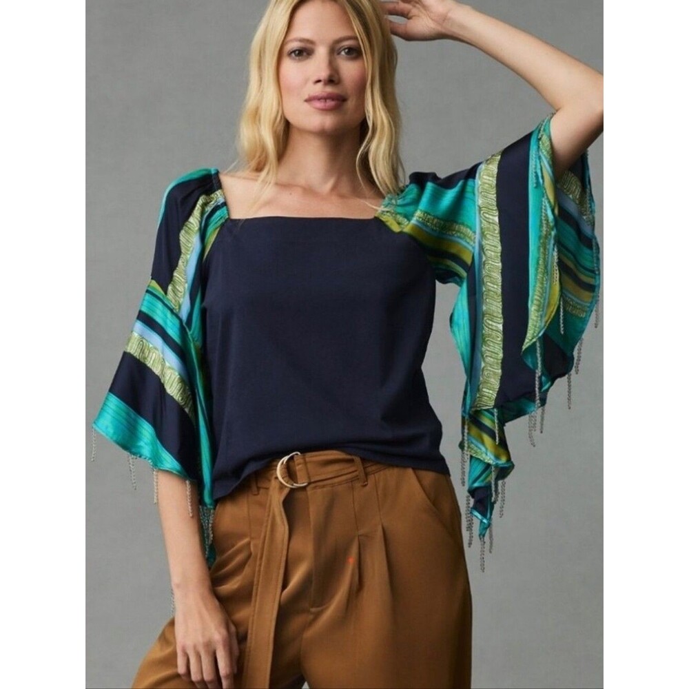 Tiny By Anthropologie Navy Blue Top, Green & Blue Striped Beaded Bell Sleeve, XS